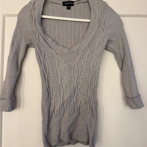 bebe Light Gray Cable Knit V-Neck Sweater